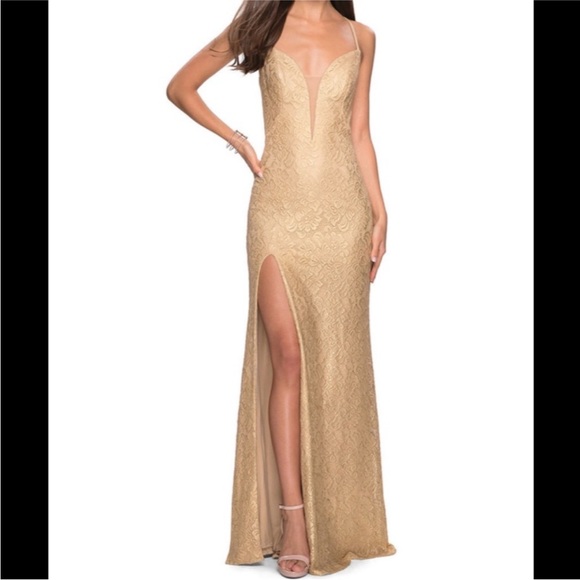 NEW LA FEMME SZ 12 GOLD LACE ILLUSION FORMAL EVENING GOWN - Picture 16 of 16